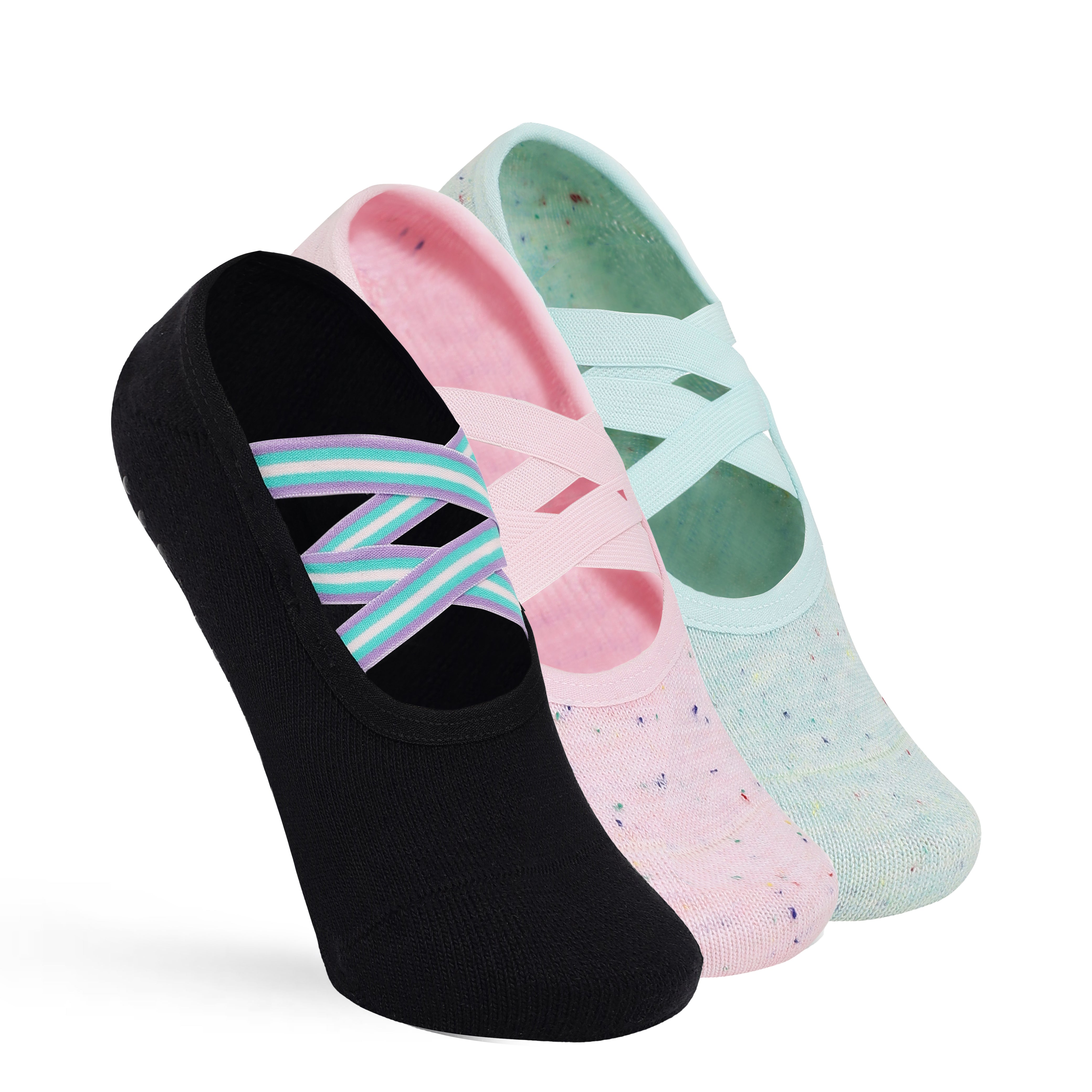 Double Criss Cross Yoga and Pilates Non-Slip Socks for Women - Set of 3 (Green, Black, Pink)