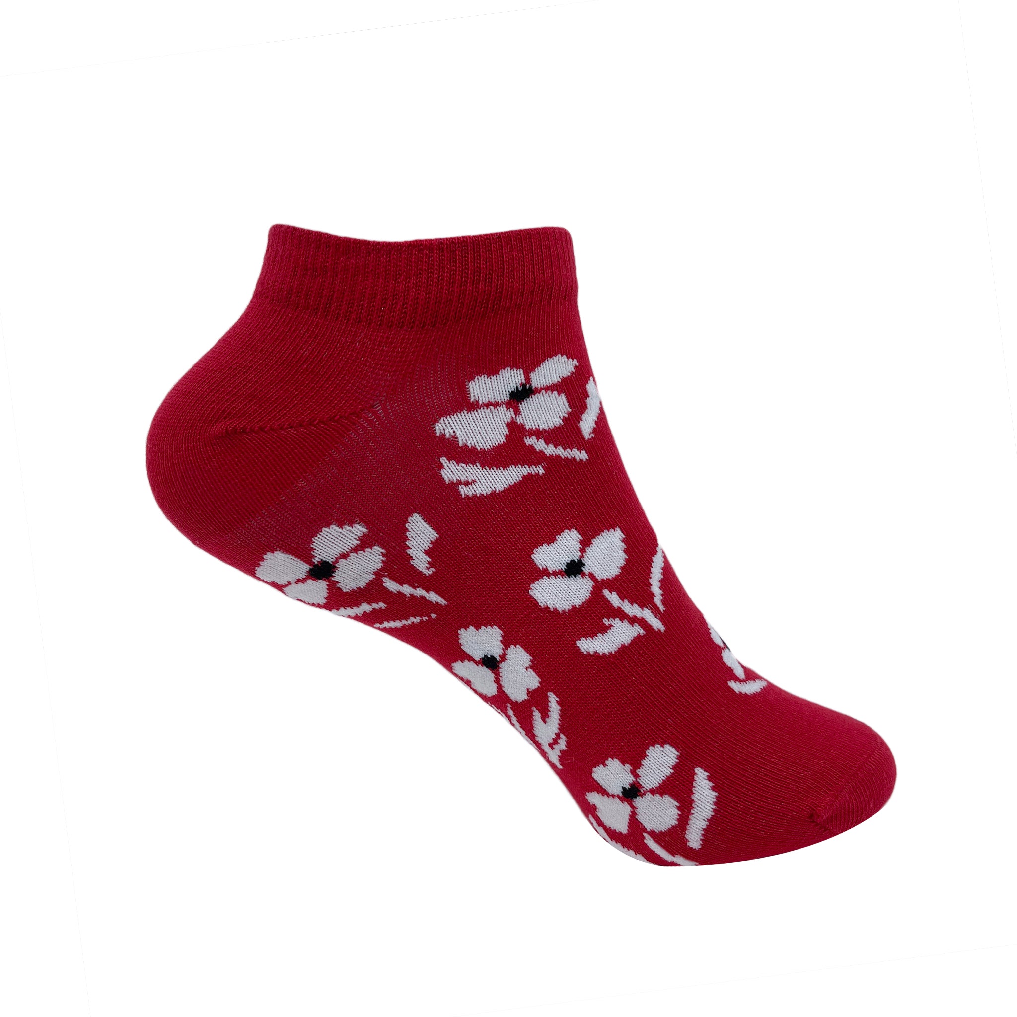 Cherry Red Floral Ankle Socks for Women