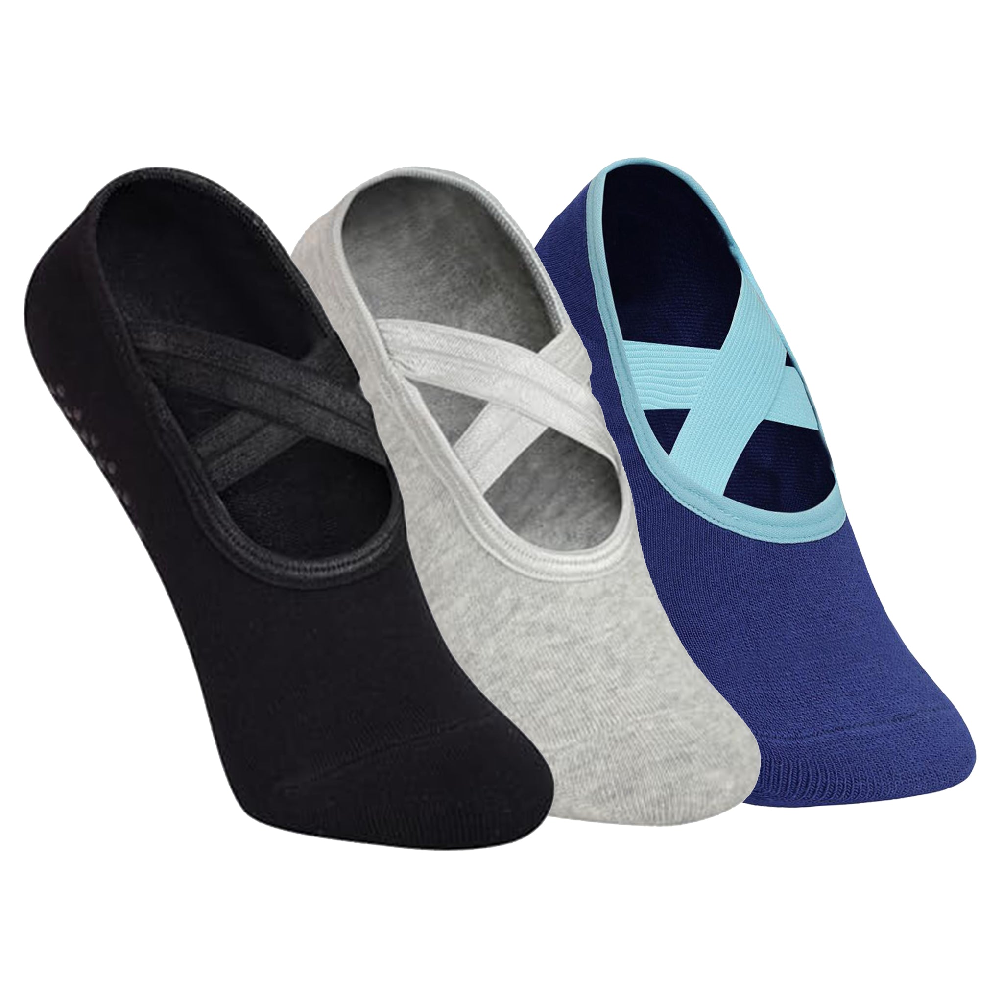Yoga and Pilates Non-Slip Socks for Women - Set of 3 ( Pilates Blue Two Way, Black, Light grey,)