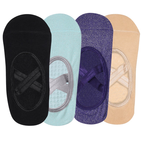 Set Of 4 PilatesPro Socks Anti-Skid Technology - Beige, Black, Purple, Mint Green