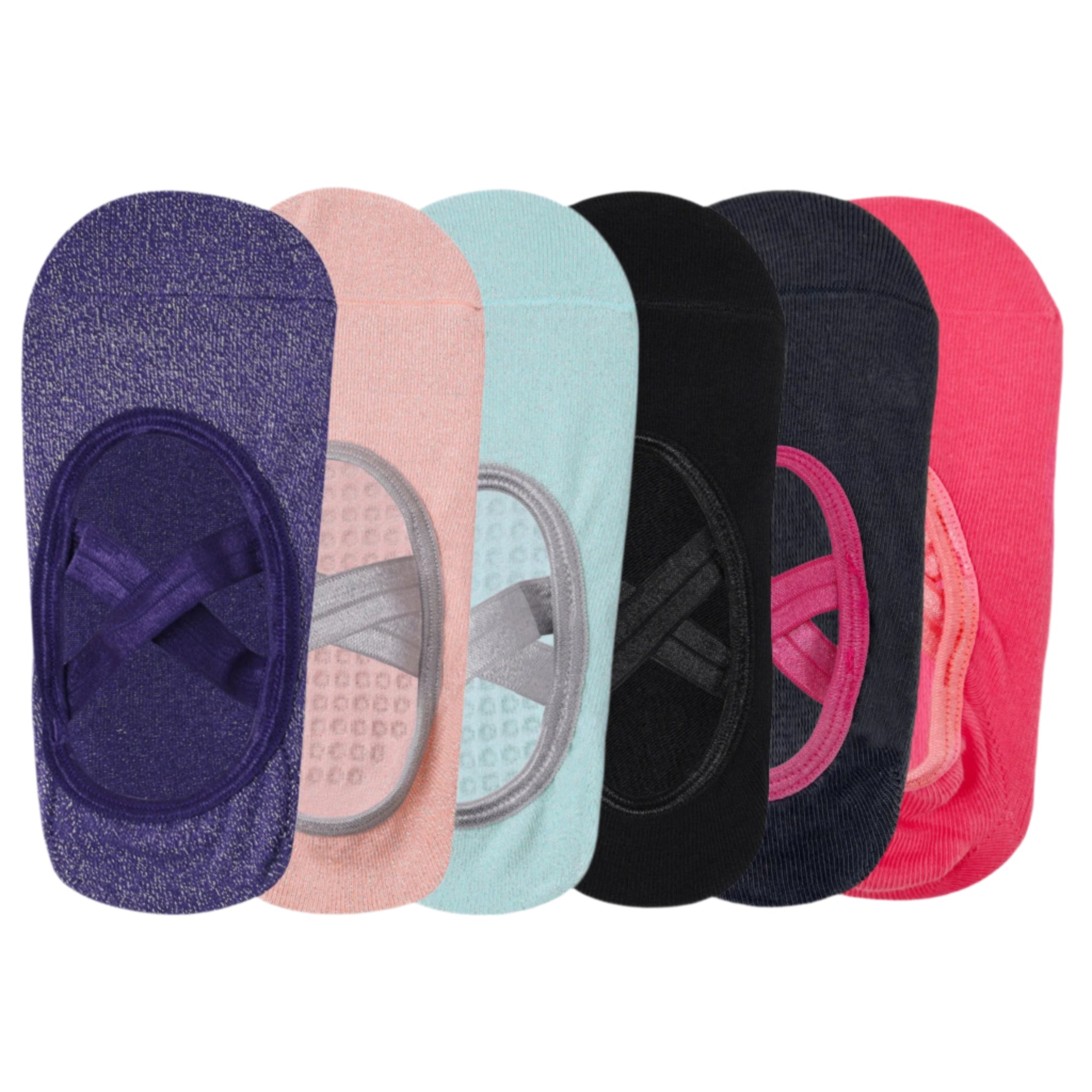 Yoga and Pilates Non-Slip Socks for Women - Set of 6 (Purple, Pink, Mint Green, Black, Grey, Peach)