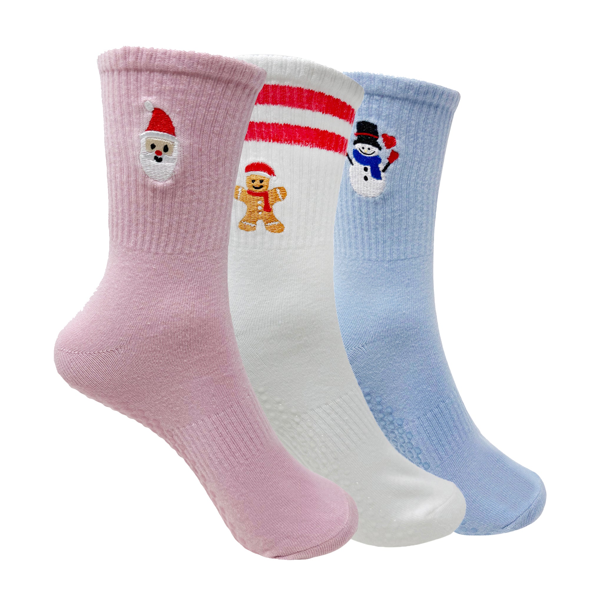 Varsity Christmas Yoga and Pilates Non-Slip Socks for Women - Set of 3 (Pink, White, Light blue)