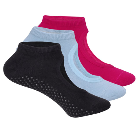 Set Of 3 Yoga Socks Anti-Skid Technology - Black, Light Blue, Fuchsia Pink