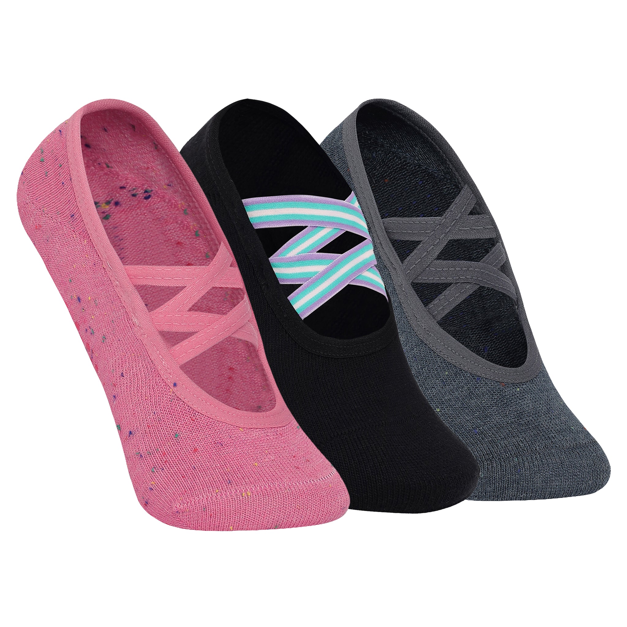 Double Criss Cross Yoga and Pilates Non-Slip Socks for Women - Set of 3 (Dark Pink, Black, Grey)