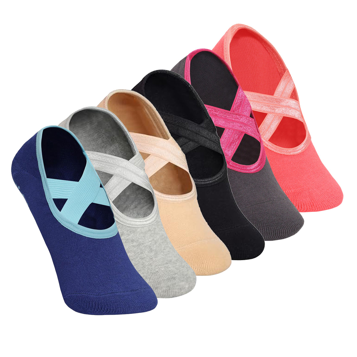Yoga and Pilates Non-Slip Socks for Women - Set of 6 (Black, Light Grey, Beige, Blue Two Way, Charcoal Grey, Peach)