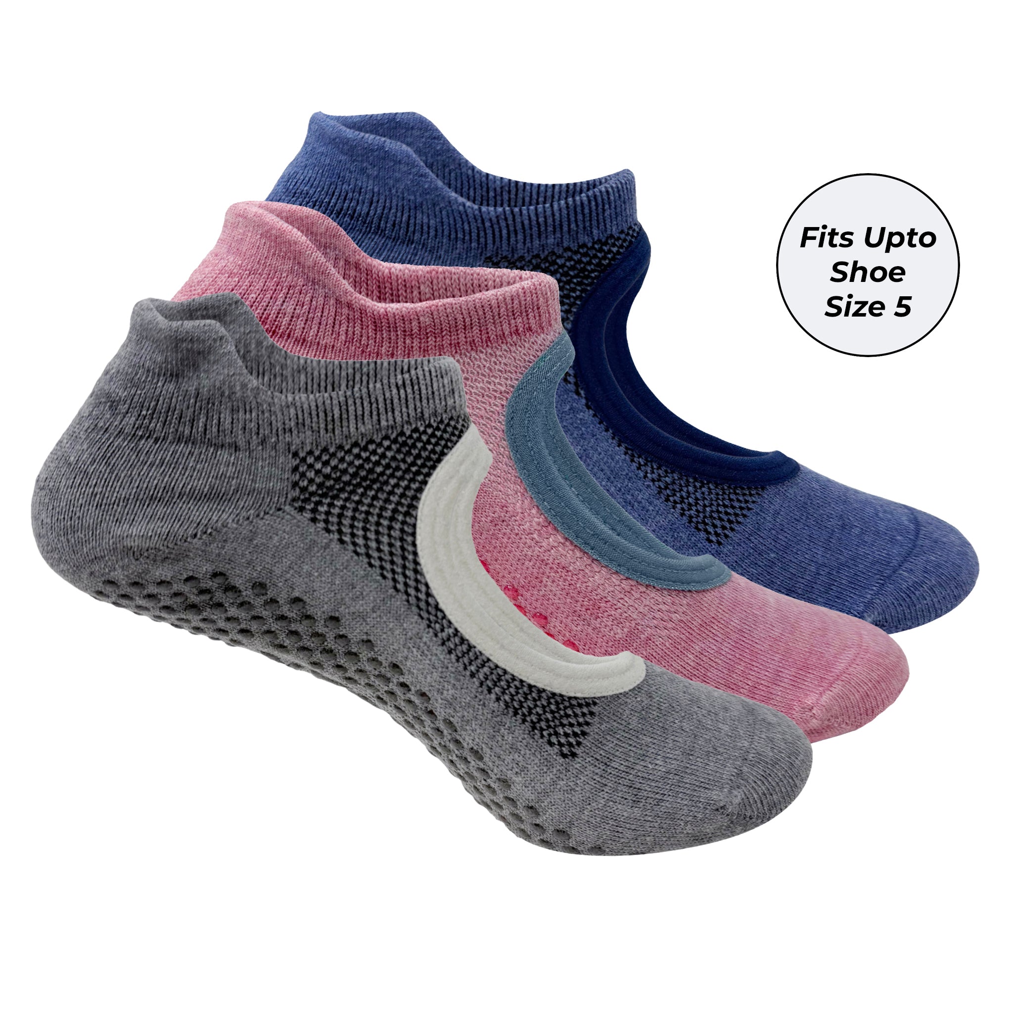 Yoga and Pilates Non-Slip Socks for Women - Set of 3 (Grey, Pink, Blue)