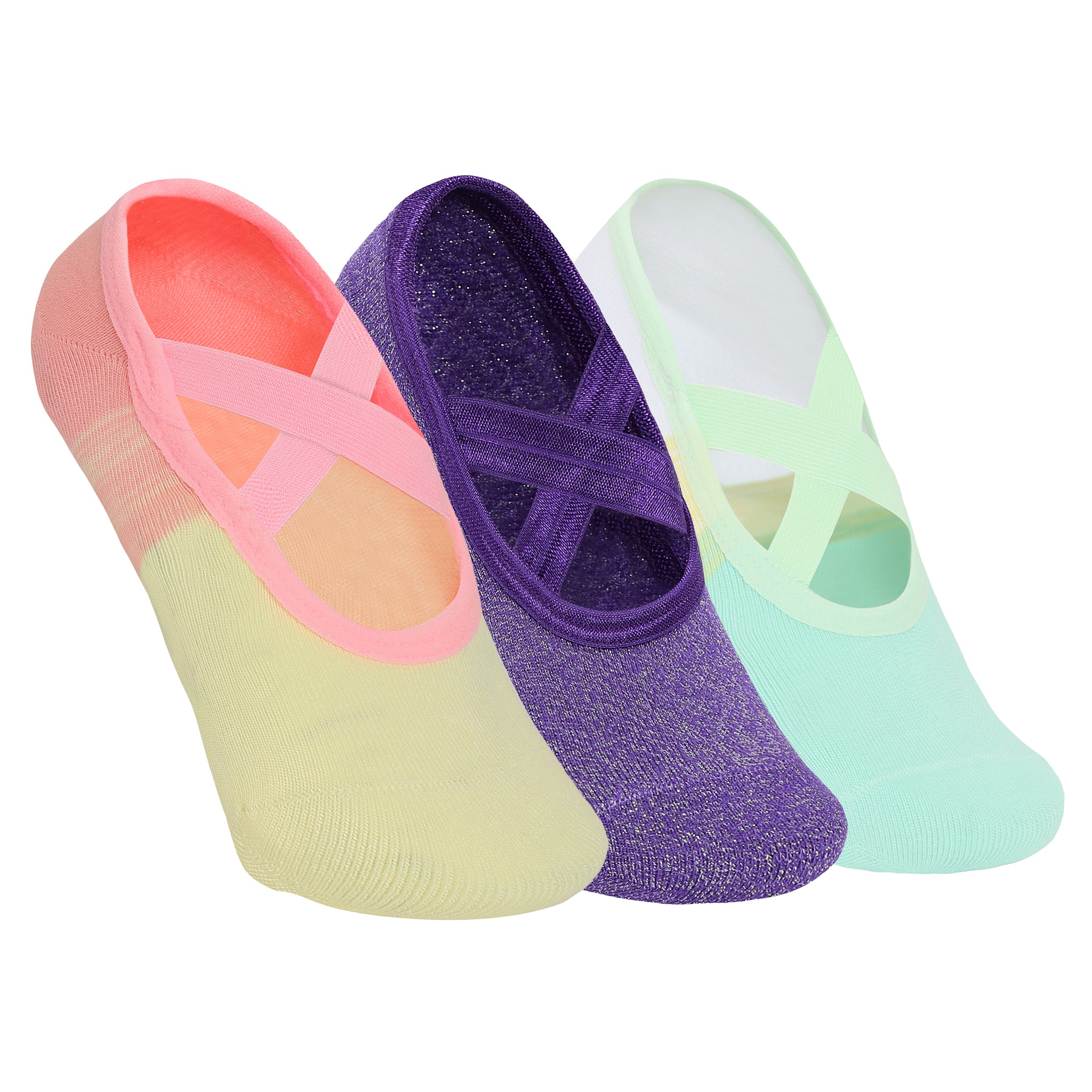 Yoga and Pilates Non-Slip Socks for Women - Set of 3 (Two Toned & Purple Combo)