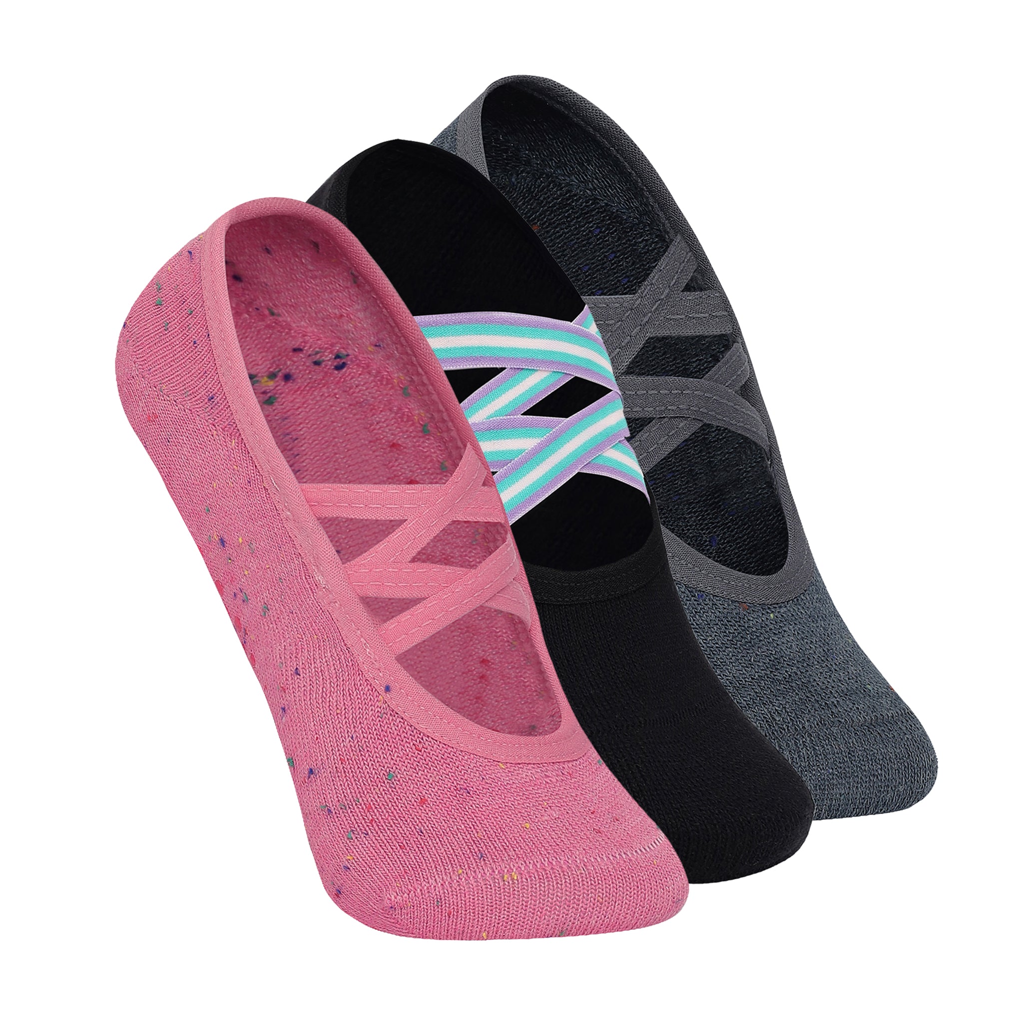 Double Criss Cross Yoga and Pilates Non-Slip Socks for Women - Set of 3 (Dark Pink, Black, Grey)