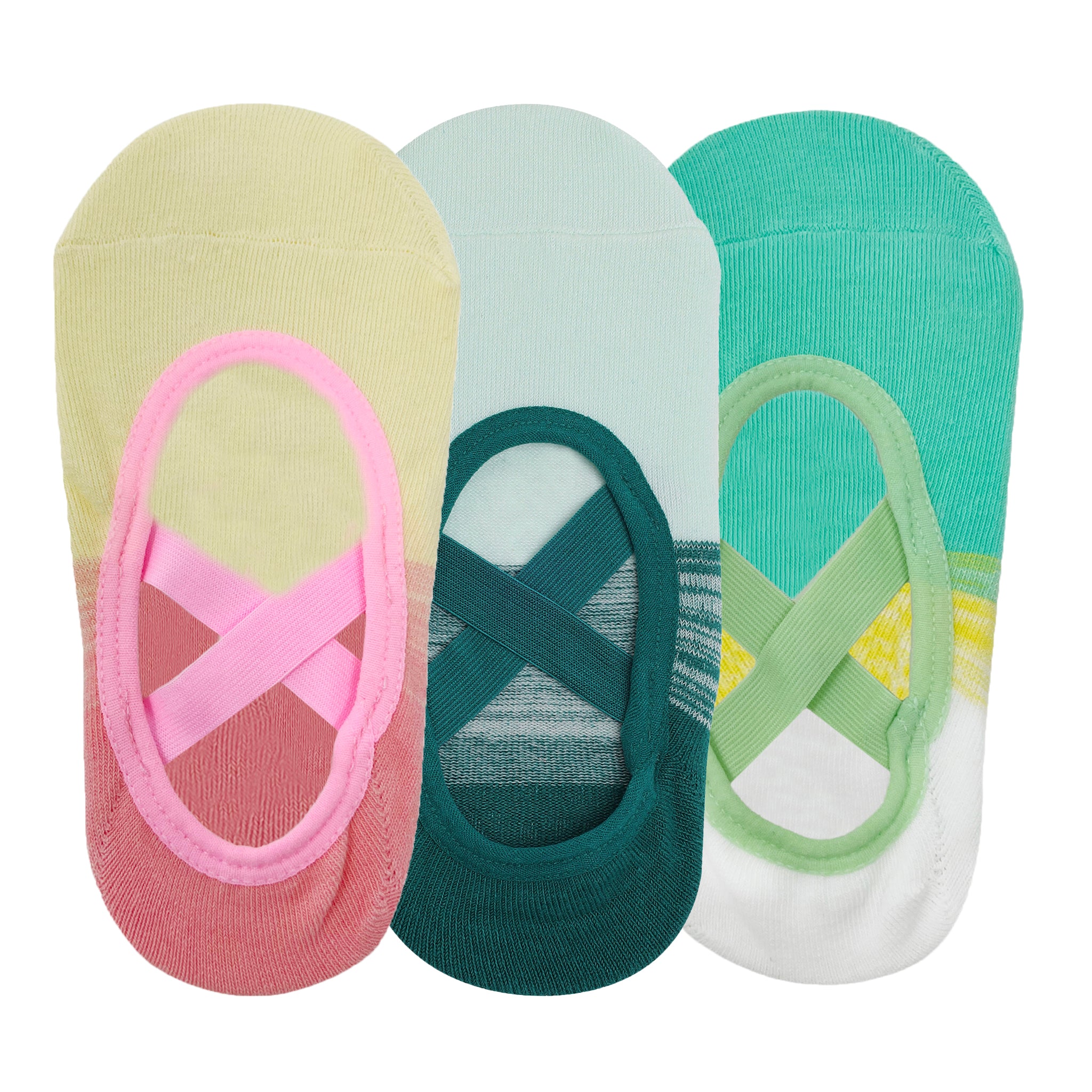 Yoga and Pilates Non-Slip Socks for Women - Set of 3 (Two Toned White & turquoise green, Mint Green & Dark Green, Cream & Pink)