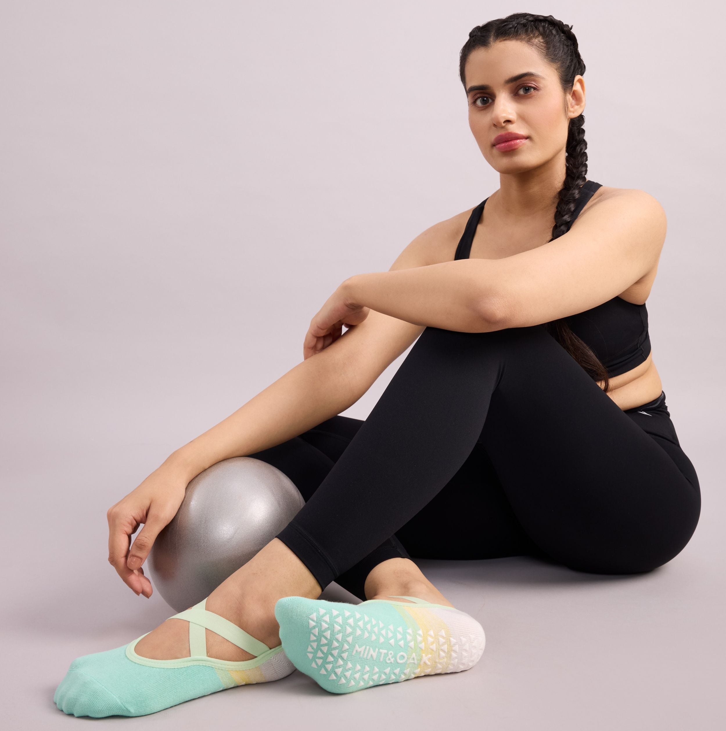 Yoga and Pilates Non-Slip Socks for Women - Set of 3 (Two Toned White & turquoise green, Mint Green & Dark Green, Cream & Pink)