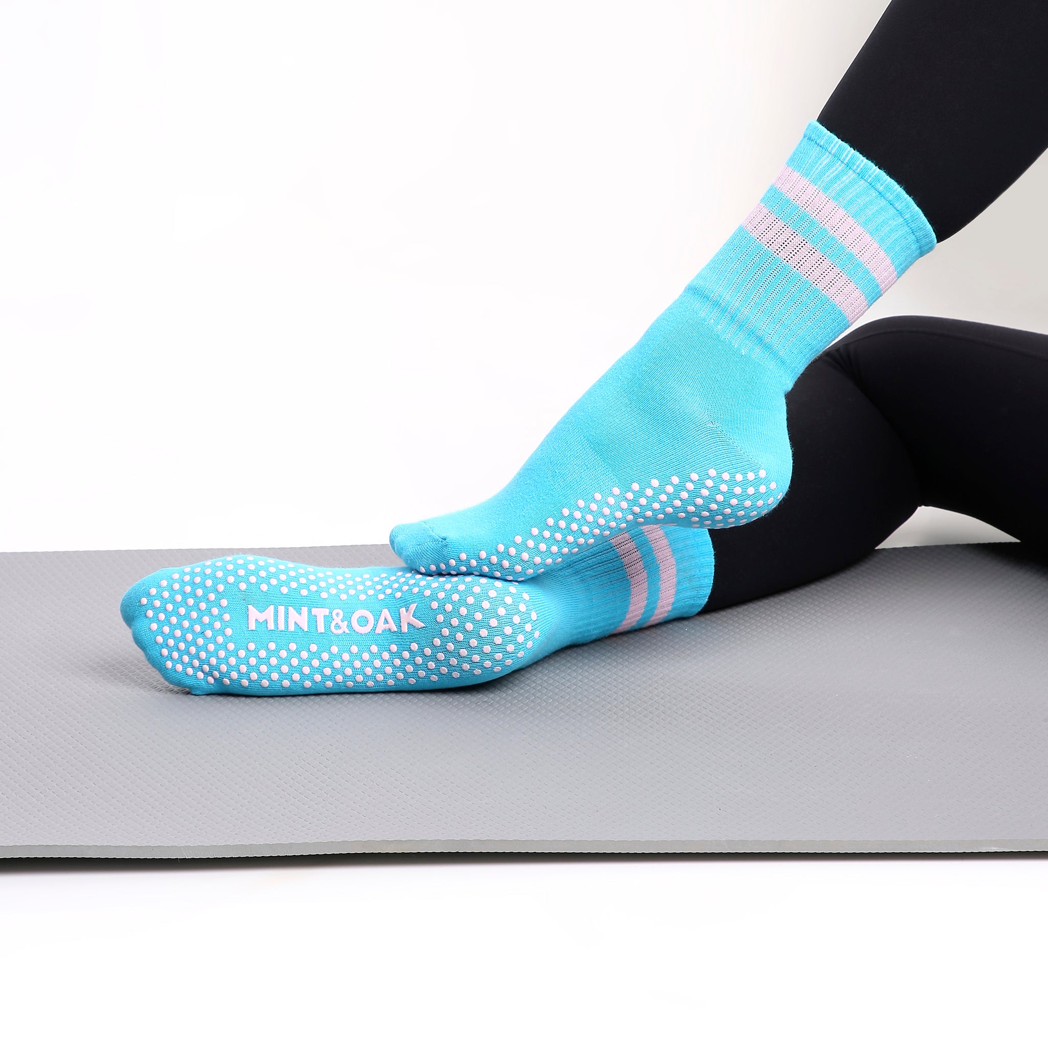 Yoga and Pilates Crew/ Full length Non-Slip Socks for Women - Light Blue & Pink