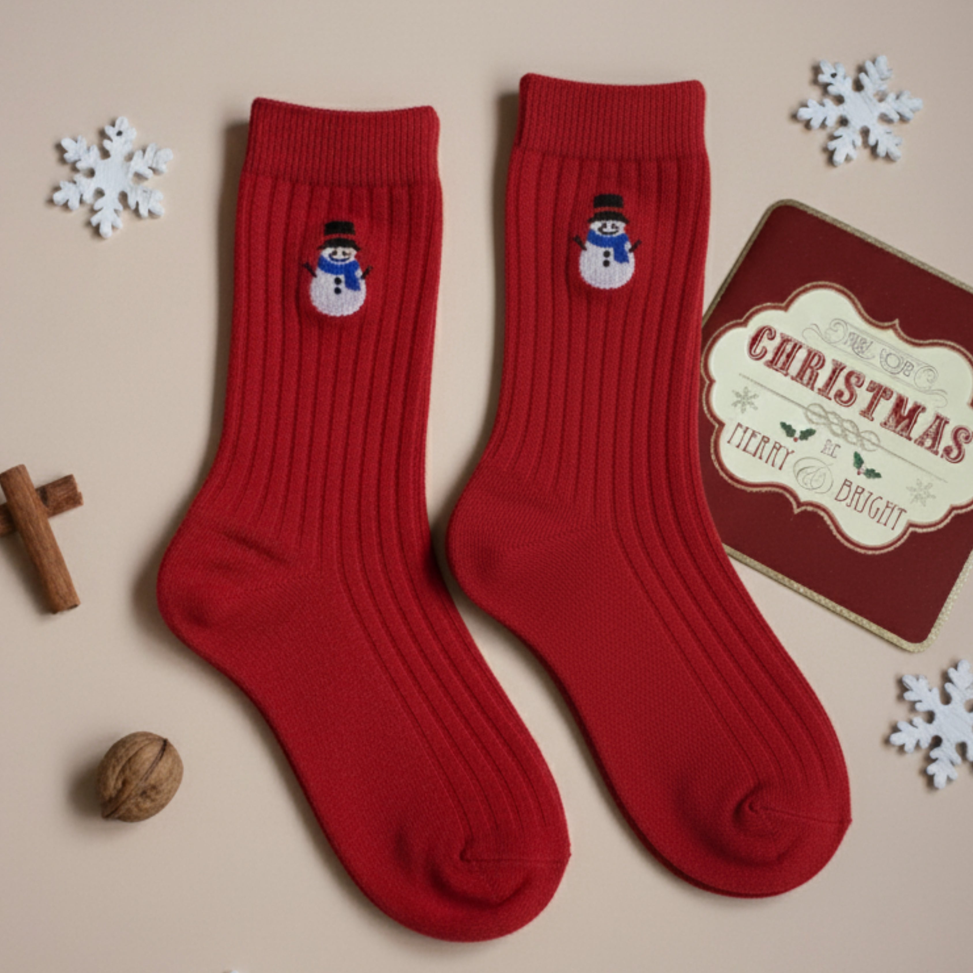 Ribbed Embroidered Snowman Crew Socks For Men