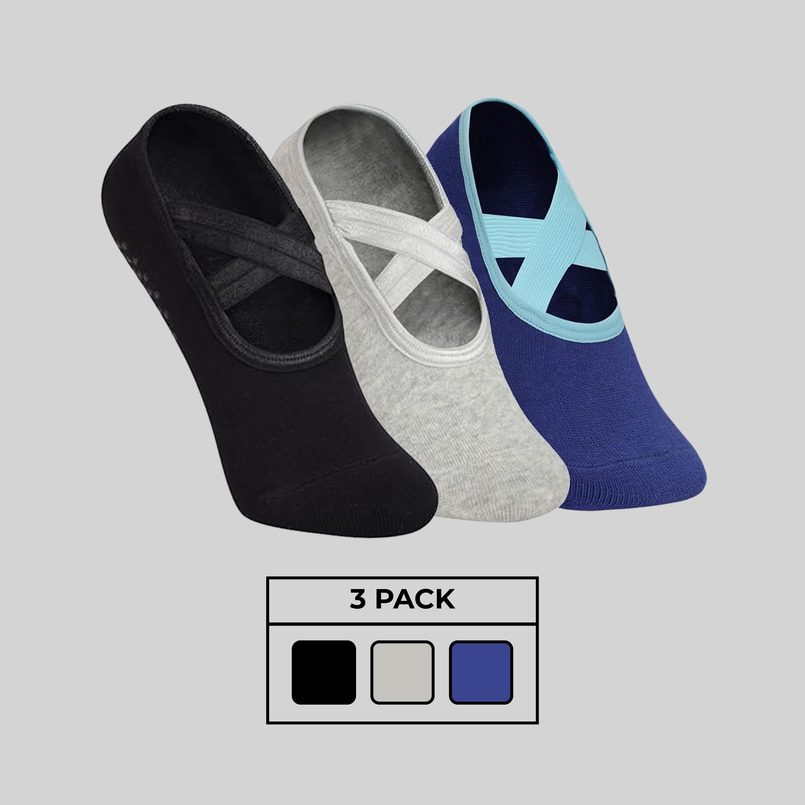 Yoga and Pilates Non-Slip Socks for Women - Set of 3 ( Pilates Blue Two Way, Black, Light grey,)