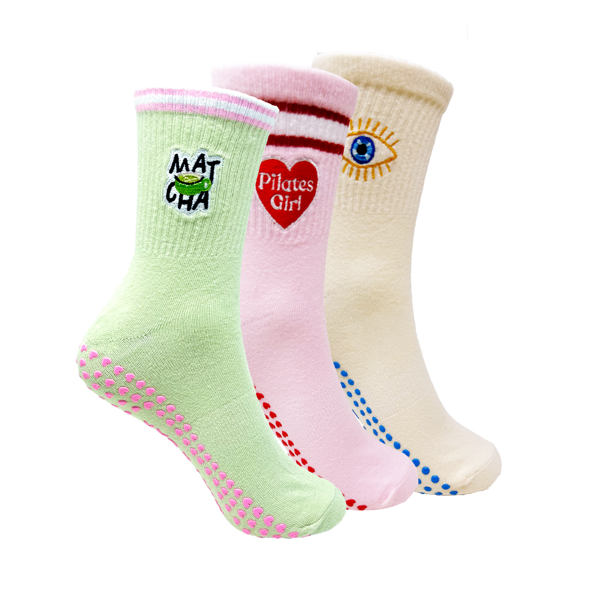 Yoga and Pilates Non-Slip Socks for Women - Set of 3 (Green, Pink, Off White)