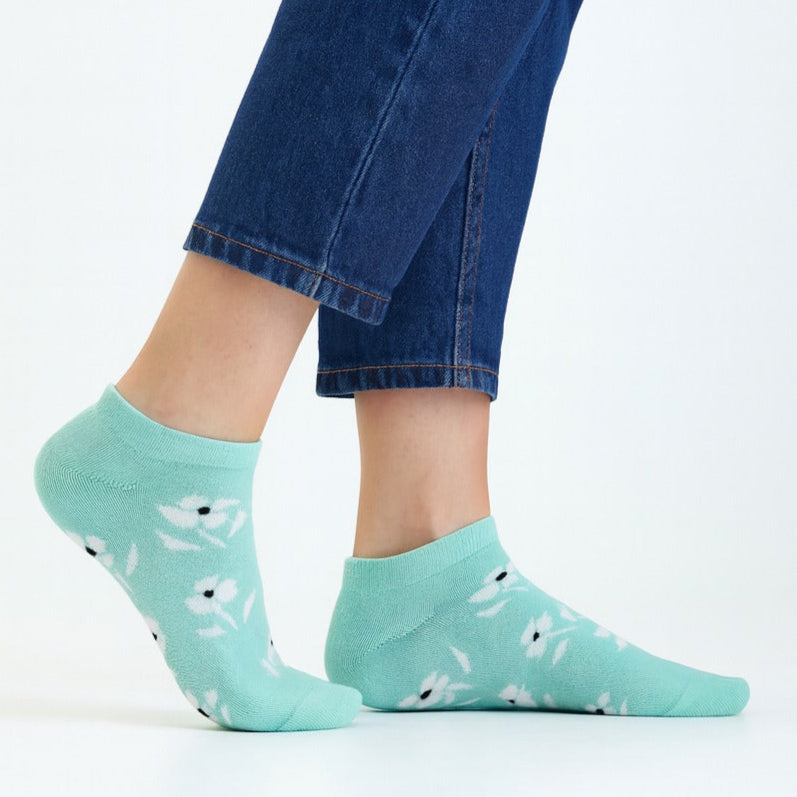 Mint Green Floral Ankle Socks for Women