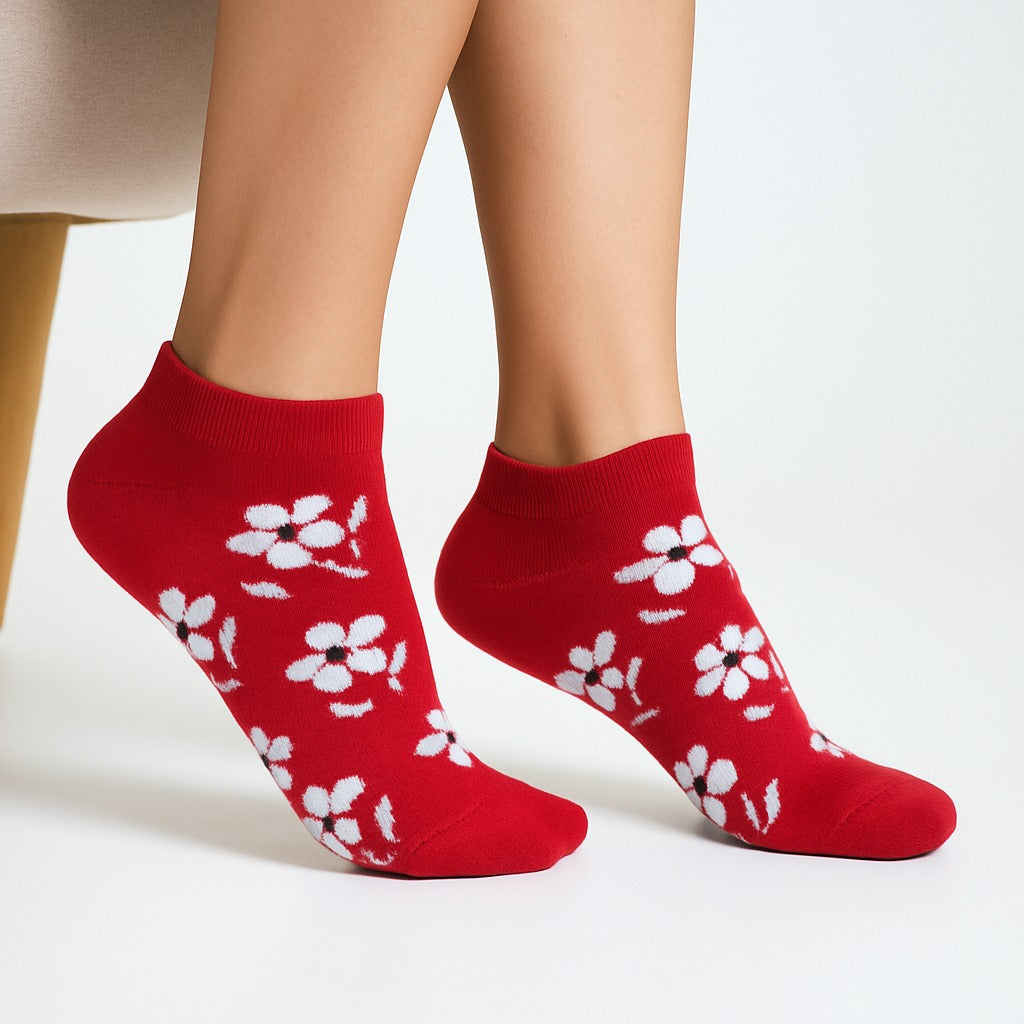 Cherry Red Floral Ankle Socks for Women