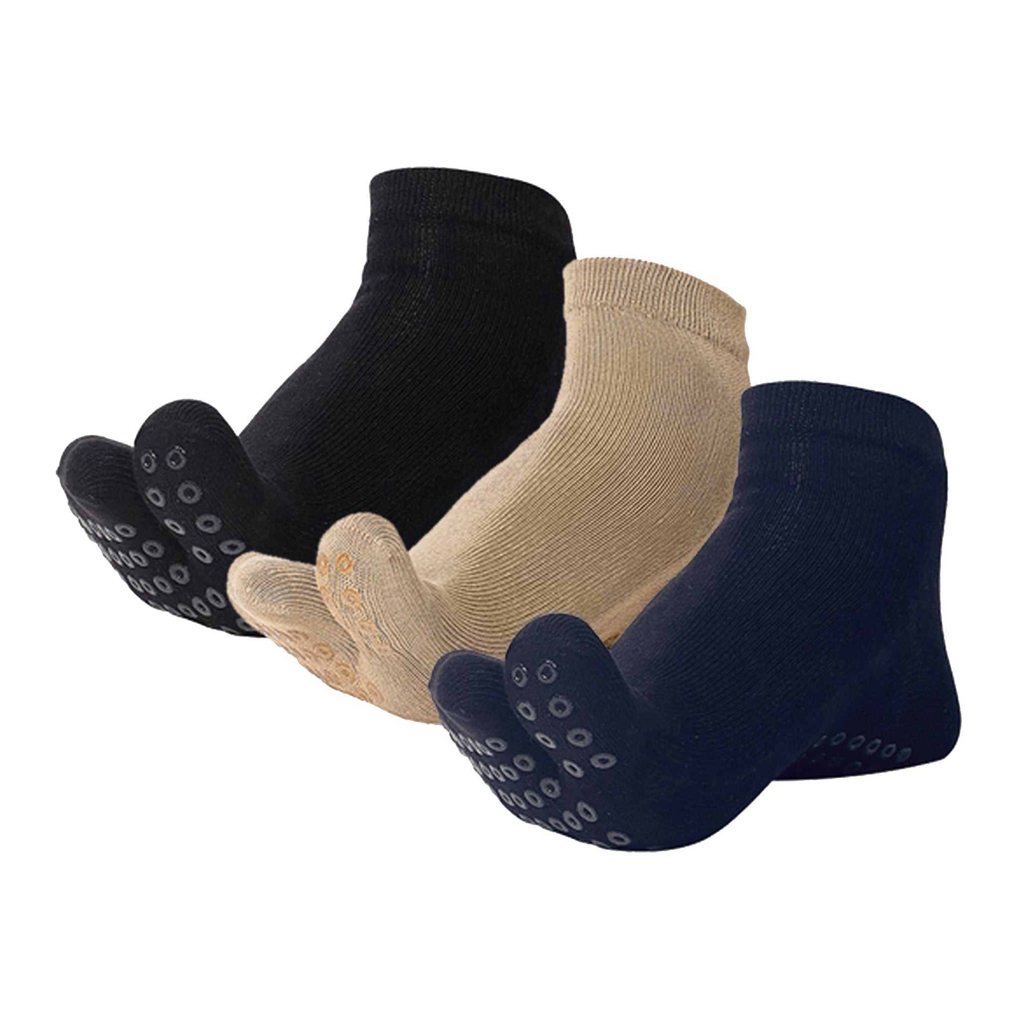 Unisex Anti-Slip Two-Toe Grip Socks for Elderly Care - Set of 3 (Black, Beige, Navy Blue)