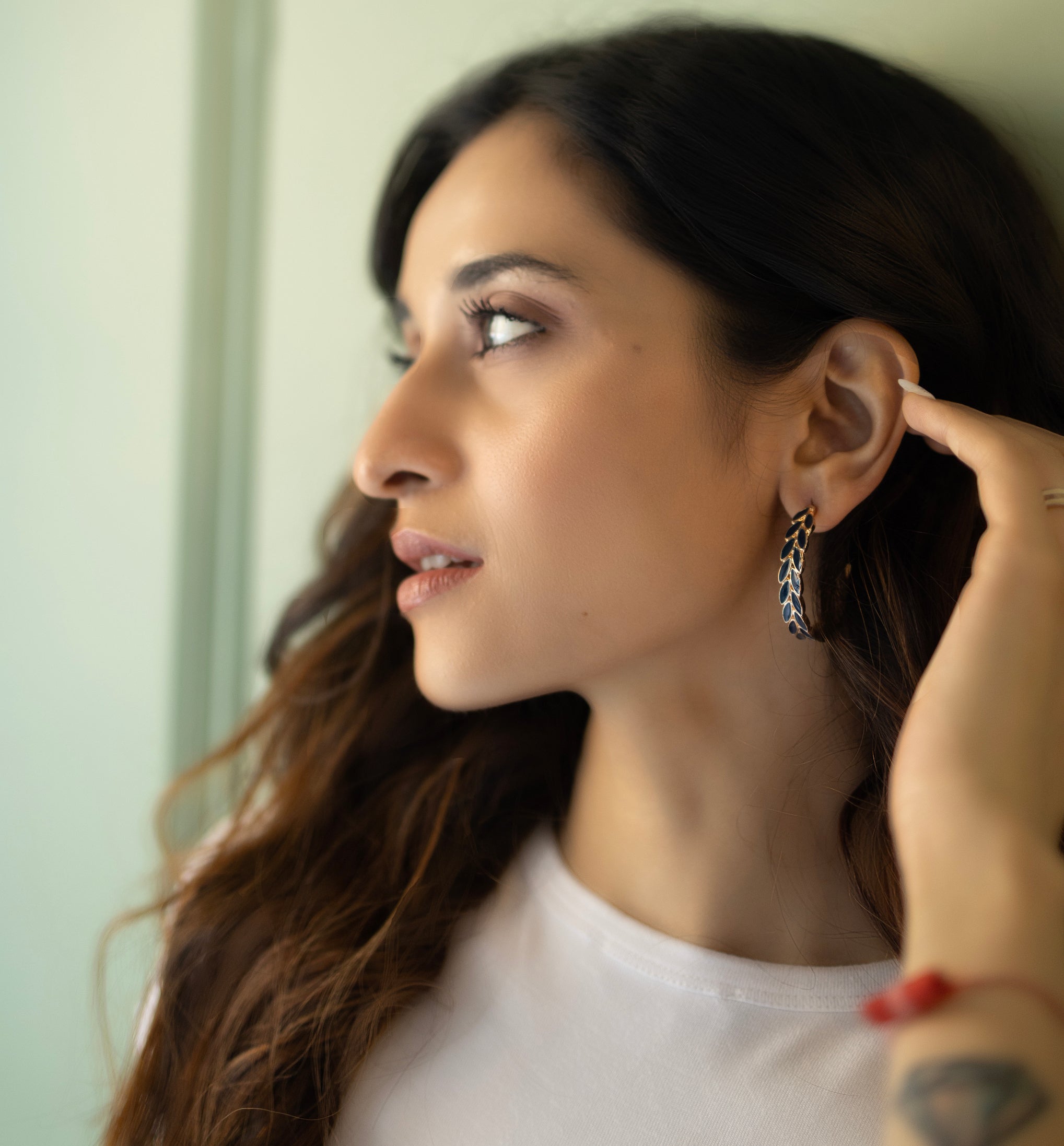 Navy Blue Enamel Leaves Hoops