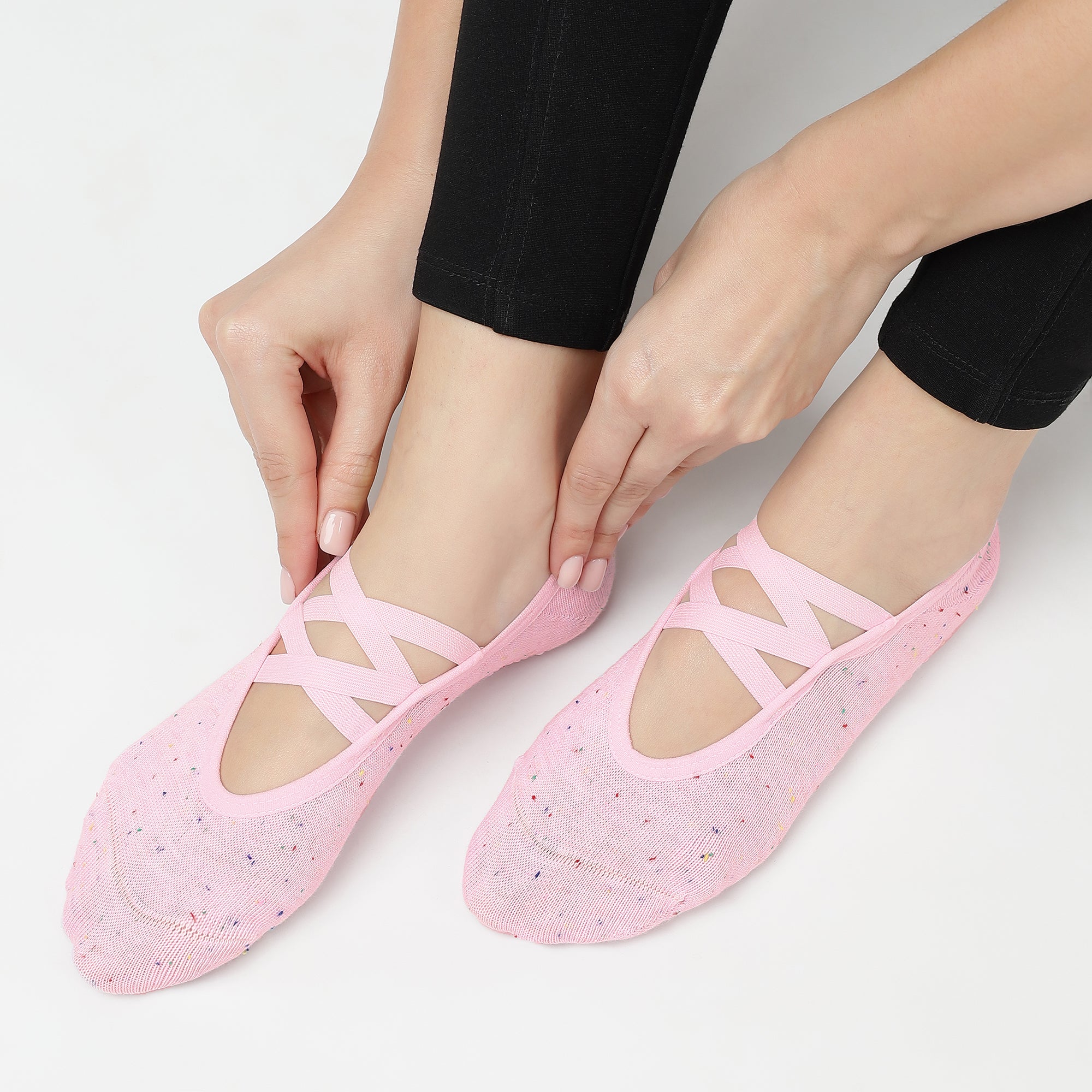 Double Criss Cross Yoga and Pilates Non-Slip Socks for Women - Set of 3 (Green, Black, Pink)