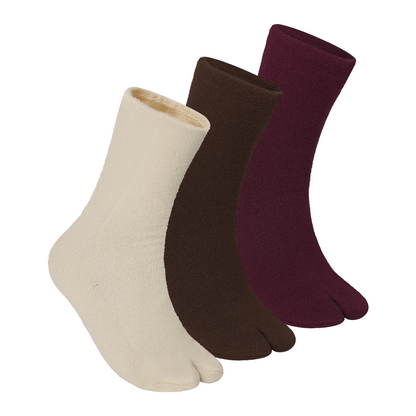Women’s Fuzzy Crew Length Two-Toe Socks - (Beige Brown & Wine)