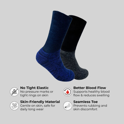 Diabetic Crew Length Unisex Socks for Men and Women - Set of 2 (Black, Navy Blue)