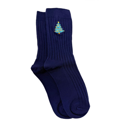 Ribbed Embroidered Christmas Tree Crew Socks For Men