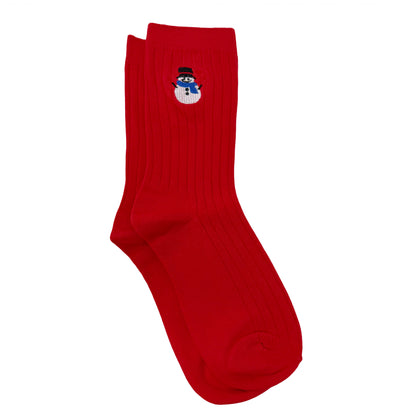 Ribbed Embroidered Snowman Crew Socks For Men