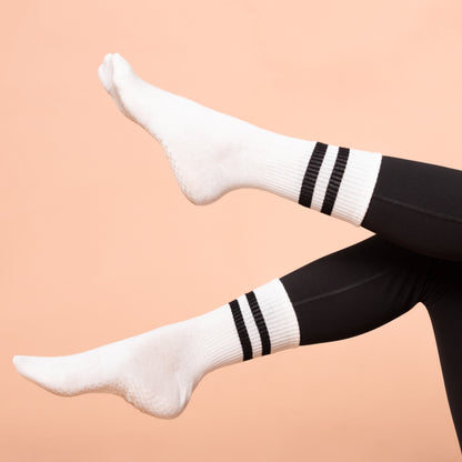 Yoga and Pilates Crew/ Full length Non-Slip Socks for Women - Set of 3 (White, Black, Bottle Green)
