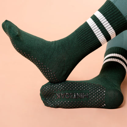 Yoga and Pilates Crew/ Full length Non-Slip Socks for Women - Set of 3 (White, Black, Bottle Green)