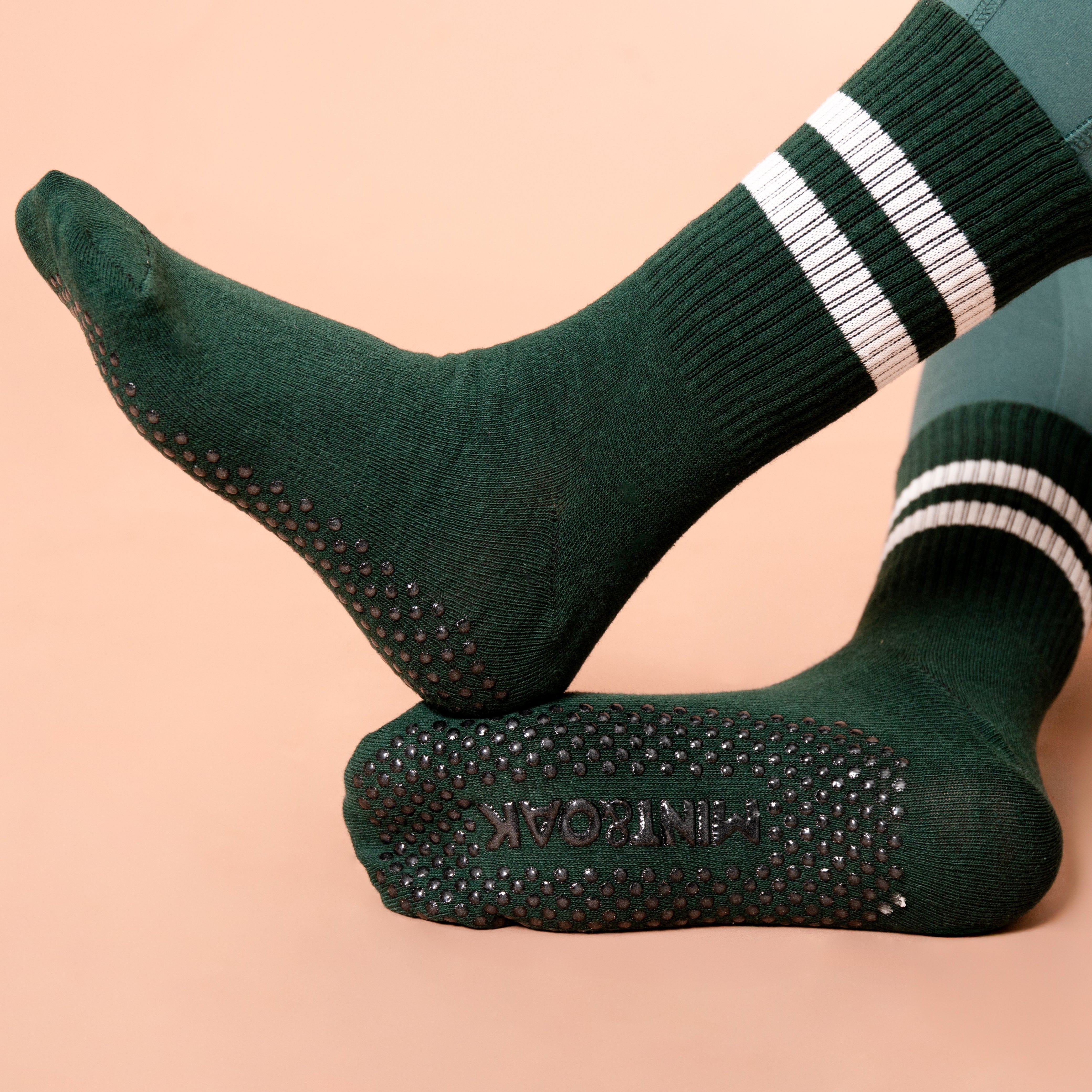 Yoga and Pilates Crew/ Full length Non-Slip Socks for Women - Set of 3 (White, Black, Bottle Green)