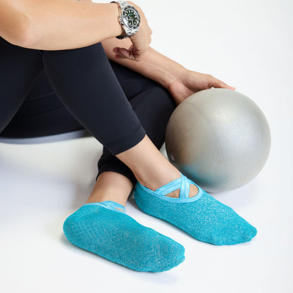 Yoga and Pilates Non-Slip Socks for Women - Set of 3 (Charcoal Grey, Peach, Shimmer Blue)