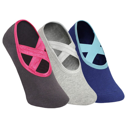 Yoga and Pilates Non-Slip Socks for Women - Set of 3 (Charcoal Grey, Light grey, Pilates Blue Two Way)