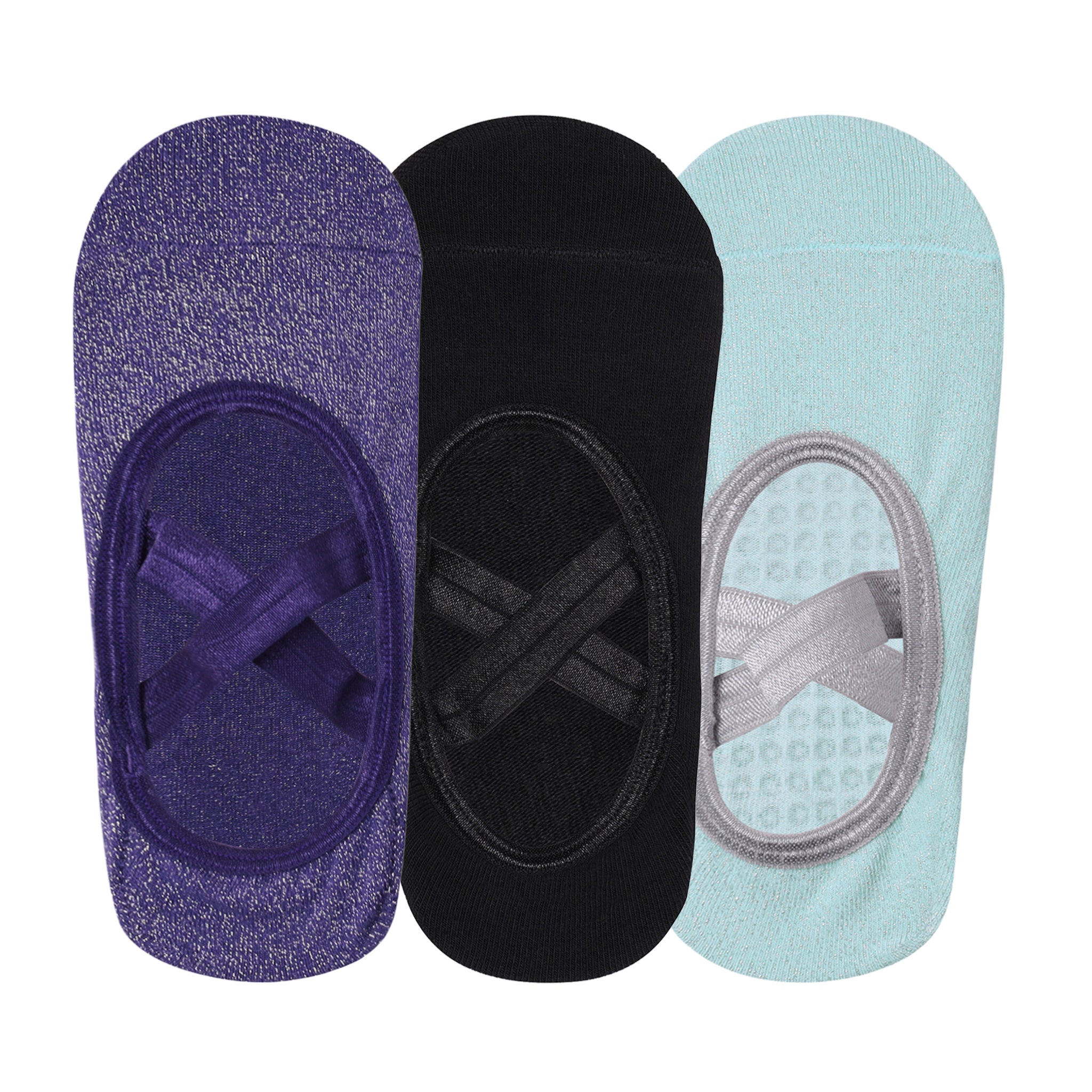 Yoga and Pilates Non-Slip Socks for Women - Set of 3 (Purple, Black, Mint Green)