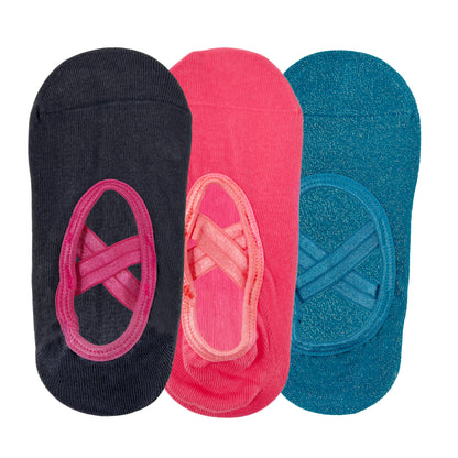 Yoga and Pilates Non-Slip Socks for Women - Set of 3 (Charcoal Grey, Peach, Shimmer Blue)