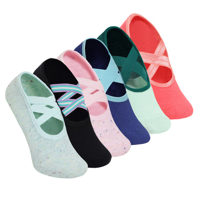 Yoga and Pilates Non-Slip Socks for Women - Set of 6 (Green, Black, Pink, Blue Two Way, Mint Green & Dark Green, Peach)