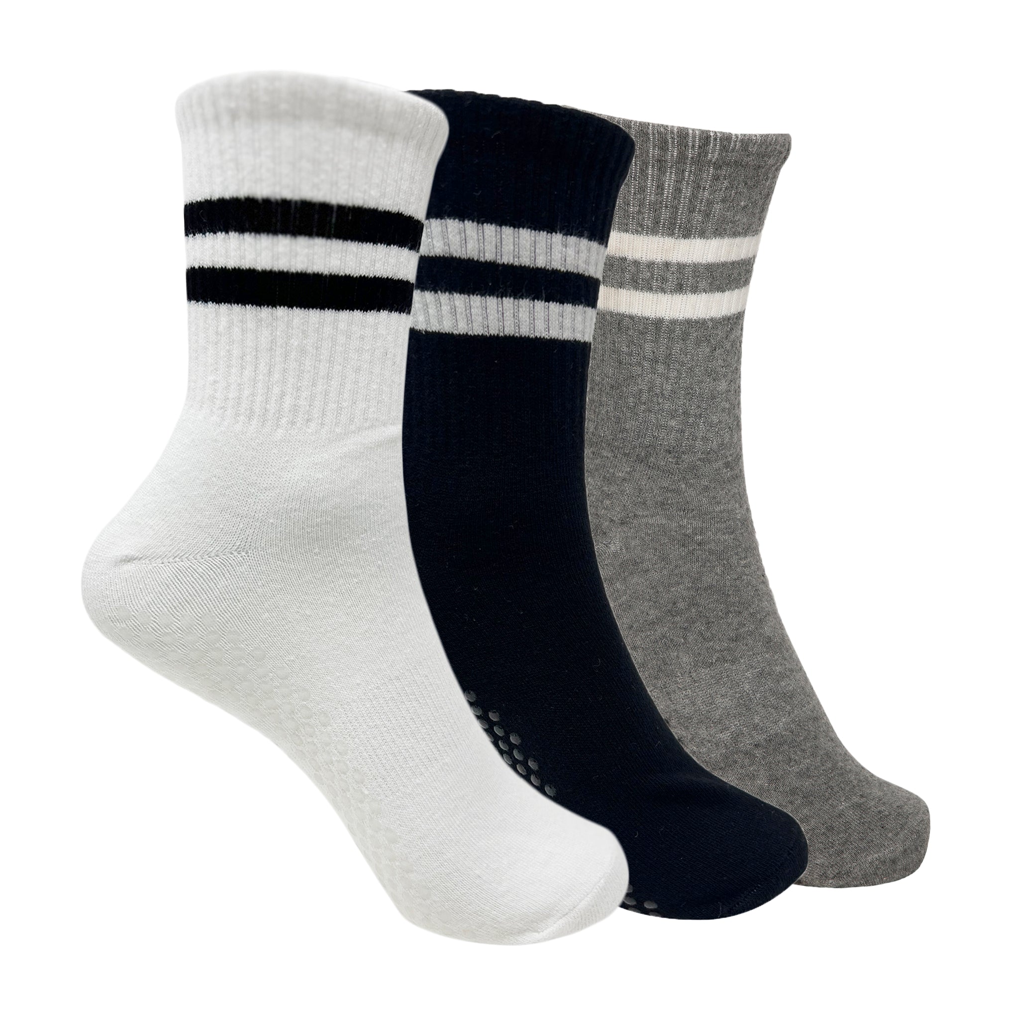 Yoga and Pilates Crew/ Full length Non-Slip Socks for Women - Set of 3 (White, Black, Light Grey)
