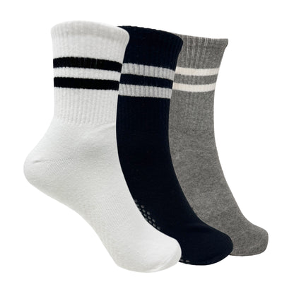 Yoga and Pilates Crew/ Full length Non-Slip Socks for Women - Set of 3 (White, Black, Light Grey)