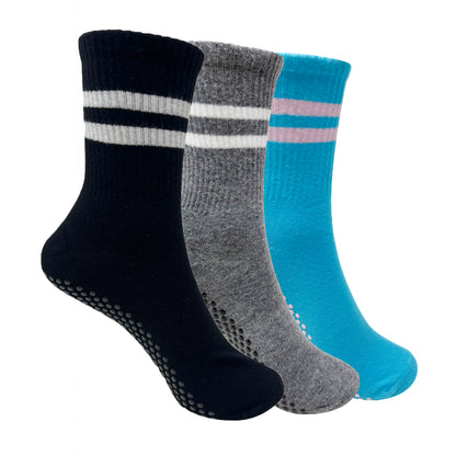 Yoga and Pilates Crew/ Full length Non-Slip Socks for Women - Set of 3 (Black, Light Grey, Light Blue & Pink)