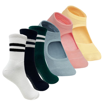 Yoga and Pilates Non-Slip Socks for Women - Set of 6 (Yellow, Olive Green, Peach, Bottle green, White, Black)