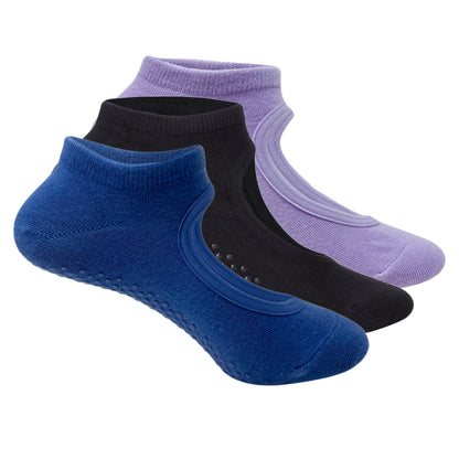 Yoga and Pilates Non-Slip Socks for Women - Set of 3 (Royal Blue, Black, Light Purple)