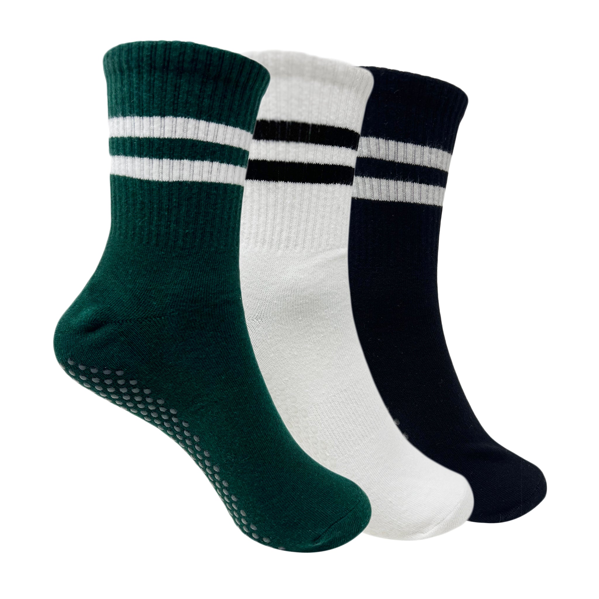 Yoga and Pilates Crew/ Full length Non-Slip Socks for Women - Set of 3 (White, Black, Bottle Green)