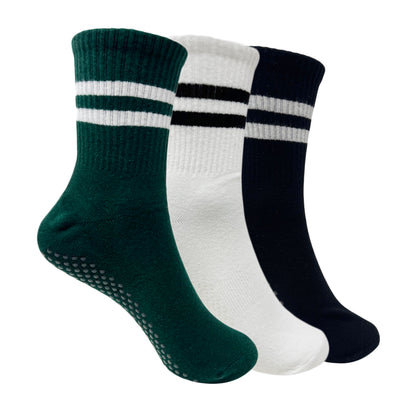 Yoga and Pilates Crew/ Full length Non-Slip Socks for Women - Set of 3 (White, Black, Bottle Green)