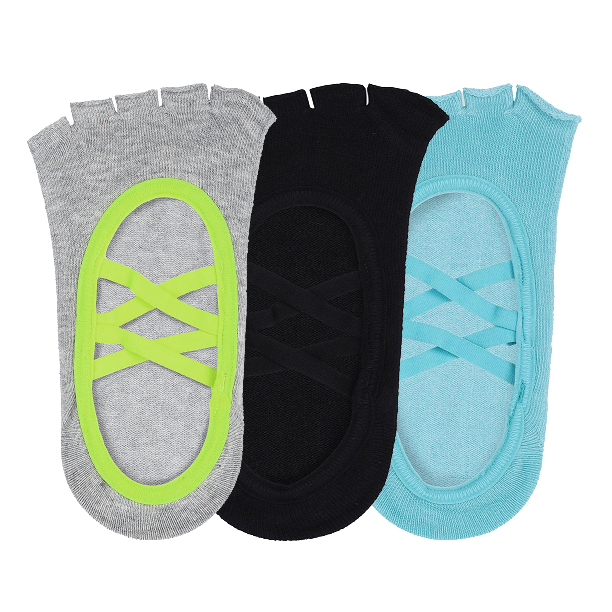 Yoga and Pilates Open Toe Non-Slip Socks for Women - Set of 3 (Light Blue, Black & Grey & Neon Green)