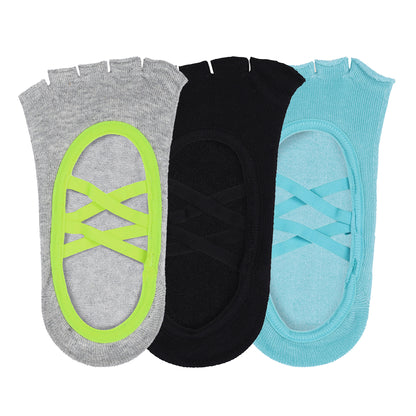 Yoga and Pilates Open Toe Non-Slip Socks for Women - Set of 3 (Light Blue, Black & Grey & Neon Green)