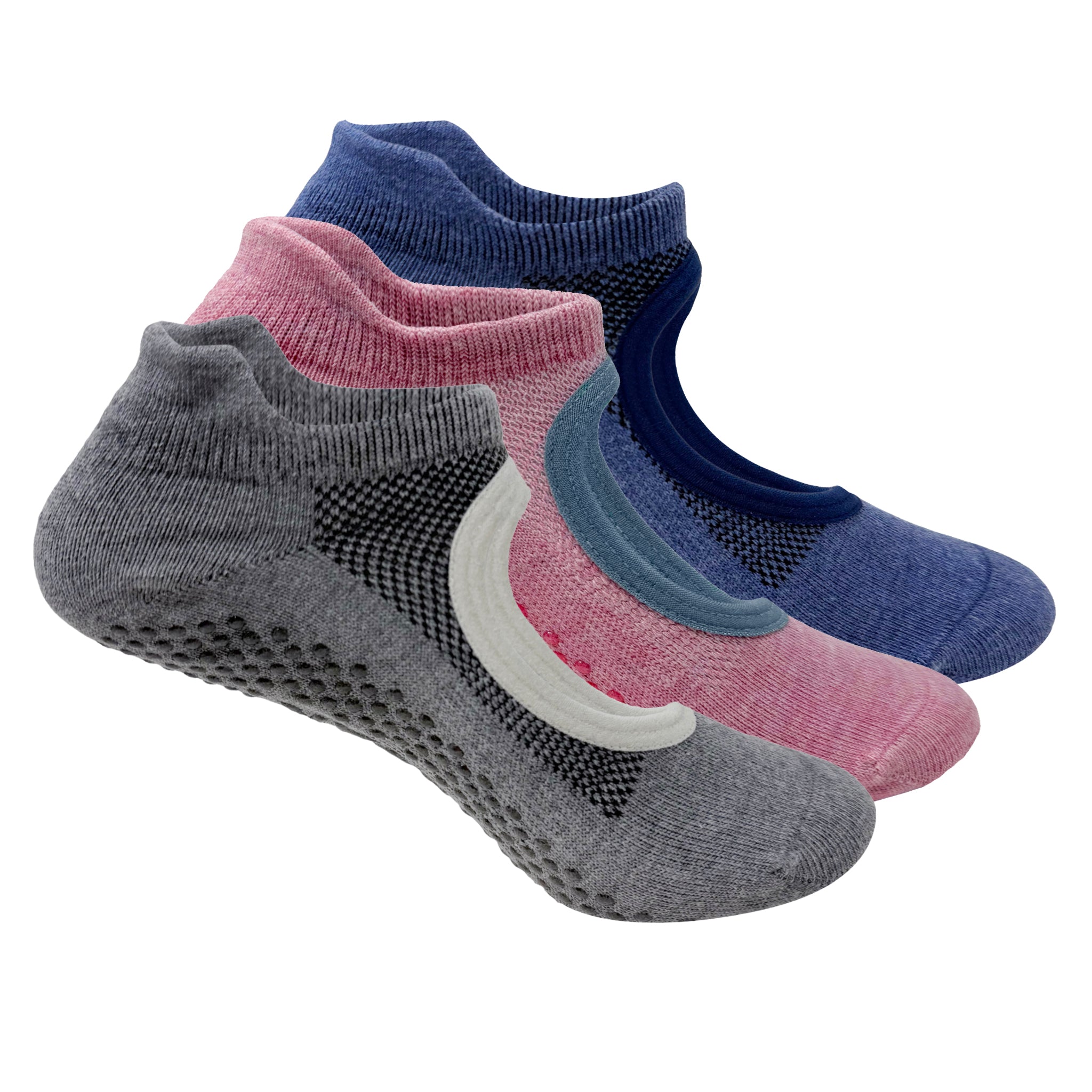 Yoga and Pilates Non-Slip Socks for Women - Set of 3 (Grey, Pink, Blue)