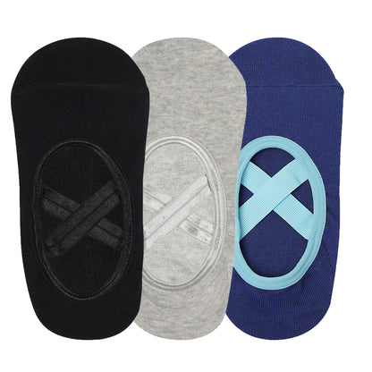 Yoga and Pilates Non-Slip Socks for Women - Set of 3 ( Pilates Blue Two Way, Black, Light grey,)