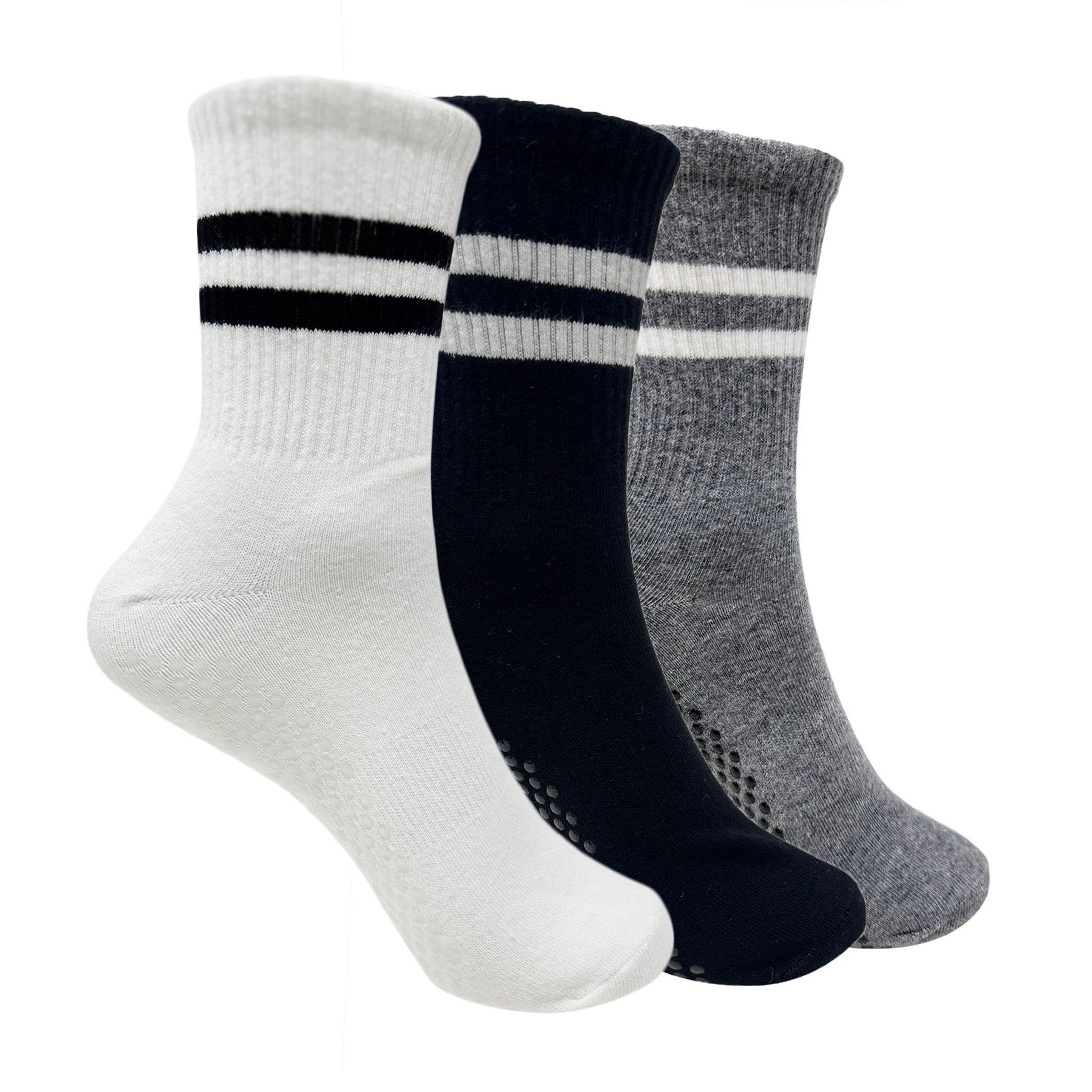 Yoga and Pilates Crew/ Full length Non-Slip Socks for Women - Set of 3 (White, Black, Light Grey)