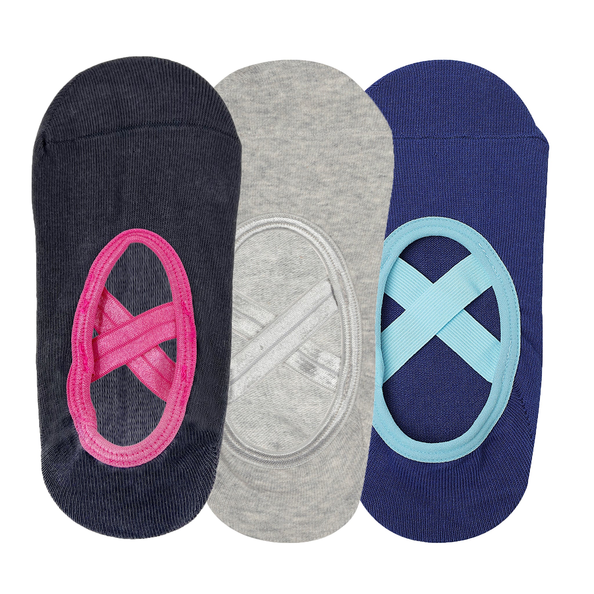 Yoga and Pilates Non-Slip Socks for Women - Set of 3 (Charcoal Grey, Light grey, Pilates Blue Two Way)