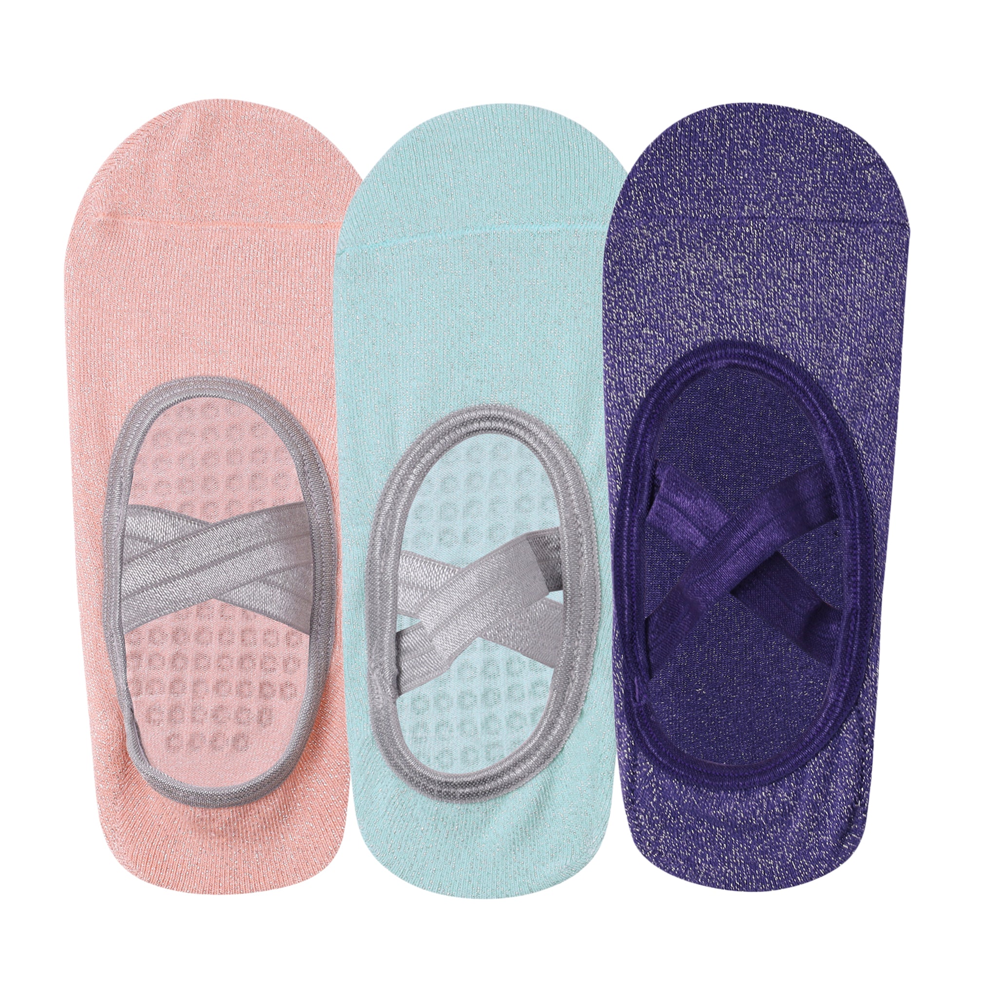 Yoga and Pilates Non-Slip Socks for Women - Set of 3 Shimmer (Light Pink, Purple, Mint Green)