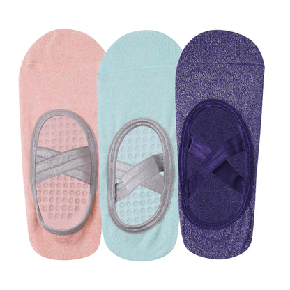 Yoga and Pilates Non-Slip Socks for Women - Set of 3 Shimmer (Light Pink, Purple, Mint Green)